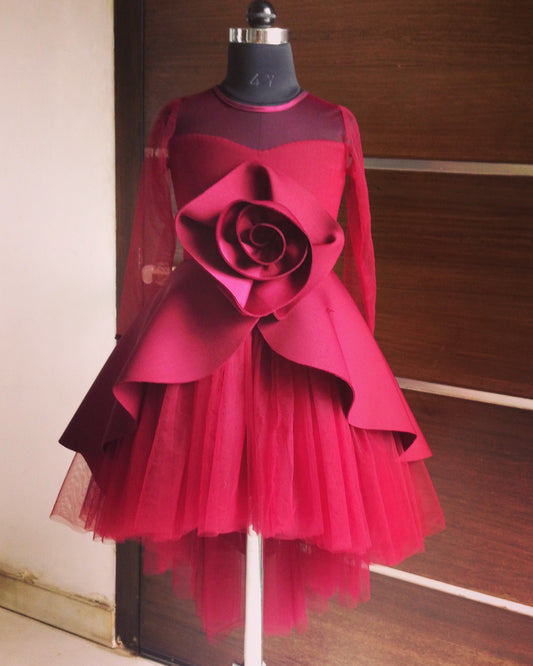 Maroon Big Rose Short Long Gown