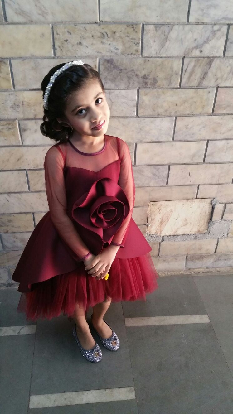 Maroon Big Rose Short Long Gown