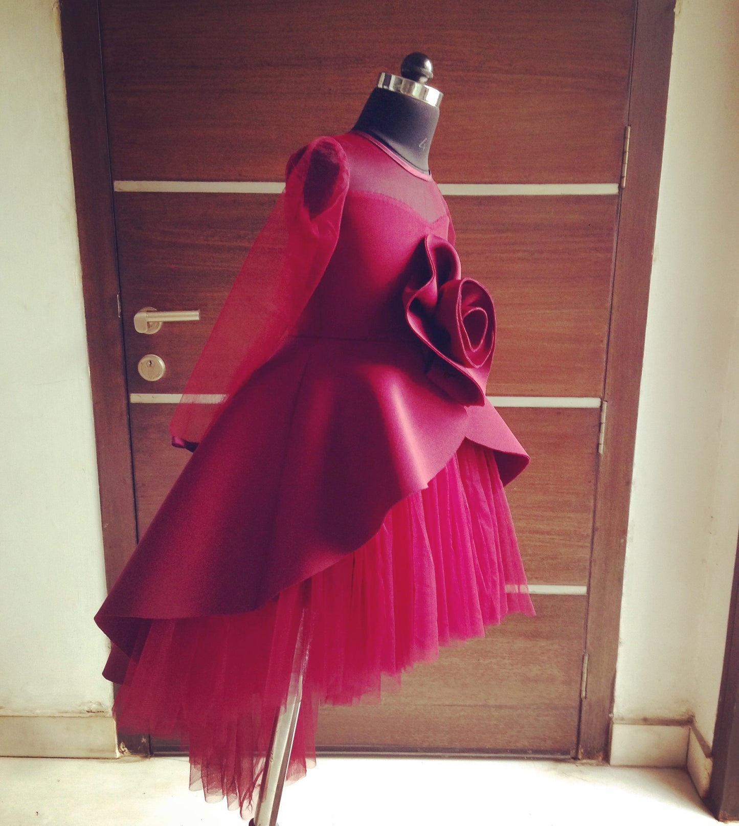 Maroon Big Rose Short Long Gown