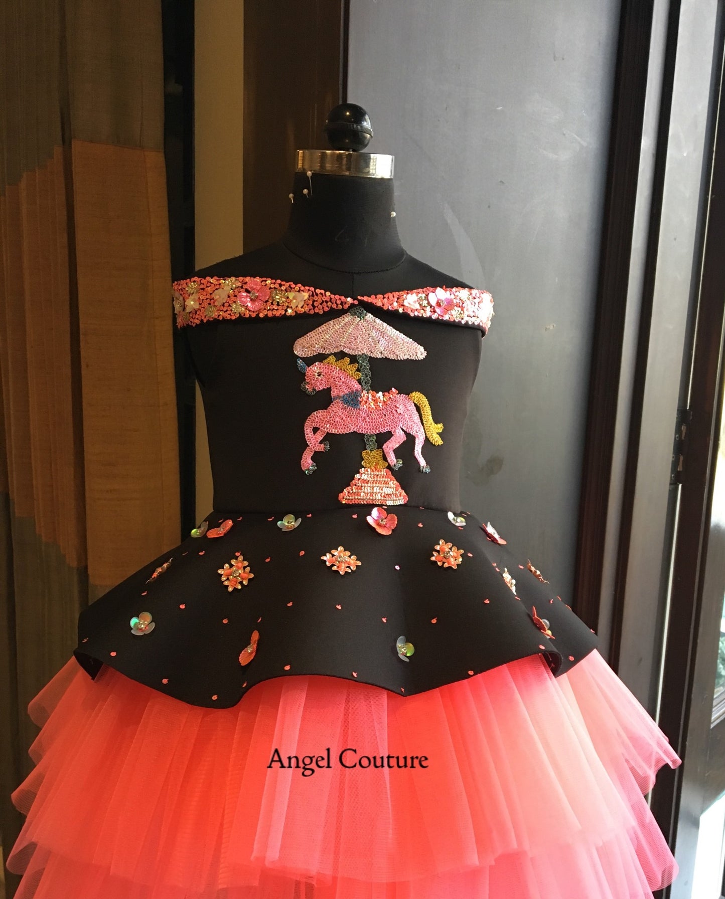 Black Fuchsia Pink Offshoulder Unicorn Carousel Dress
