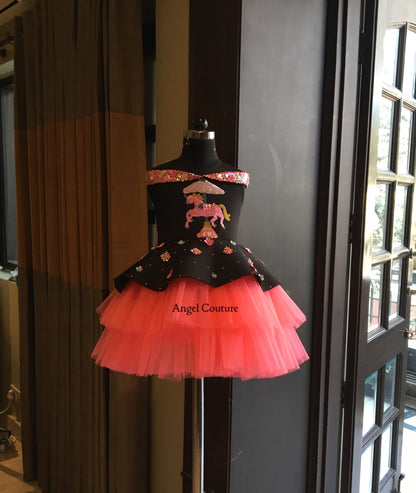 Black Fuchsia Pink Offshoulder Unicorn Carousel Dress