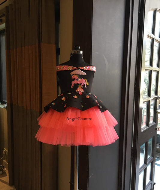 Black Fuchsia Pink Offshoulder Unicorn Carousel Dress