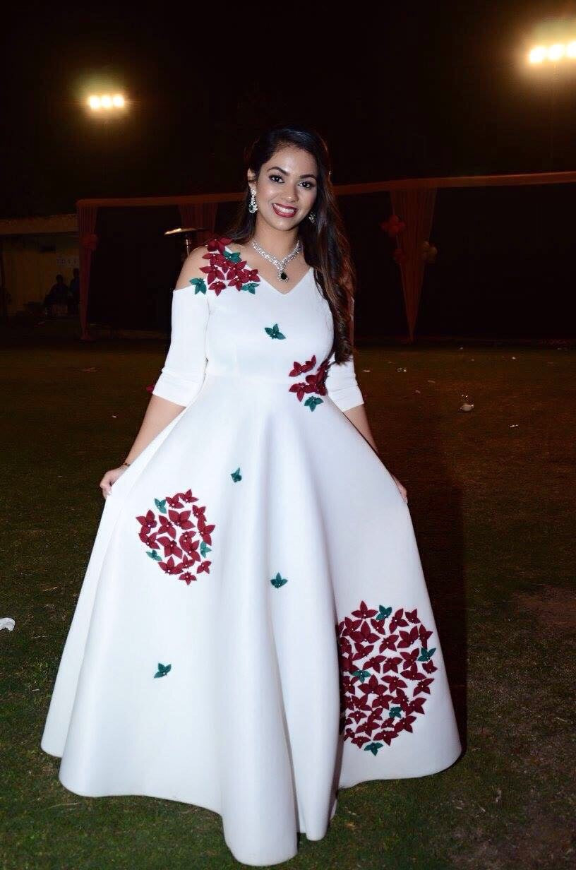 Ivory Maroon Flowers Full Length Gown