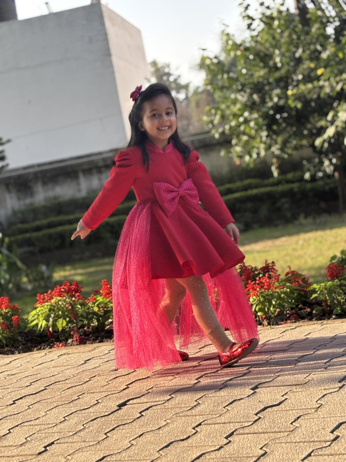 Red Fuchsia Pink Big Bow Flair Dress