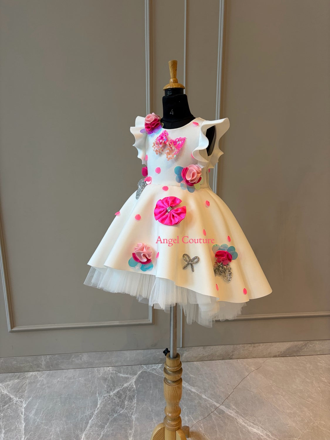 Ivory Polka Sequence Bow Short Long Gown