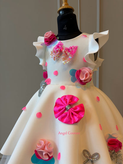 Ivory Polka Sequence Bow Short Long Gown