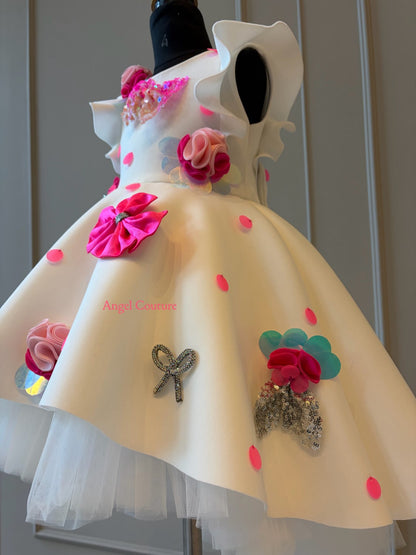 Ivory Polka Sequence Bow Short Long Gown