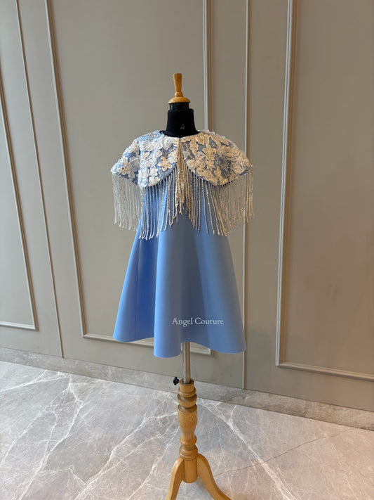 Powder Blue Shoulder Cape Frill Dress