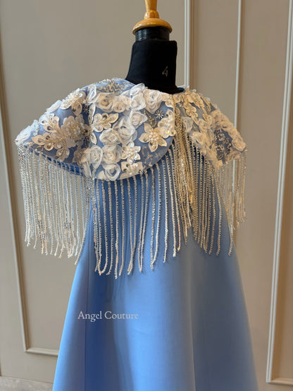 Powder Blue Shoulder Cape Frill Dress