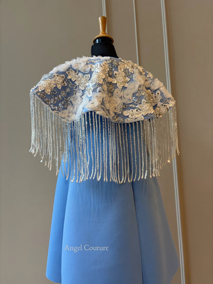 Powder Blue Shoulder Cape Frill Dress