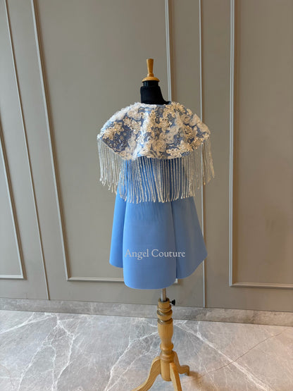 Powder Blue Shoulder Cape Frill Dress