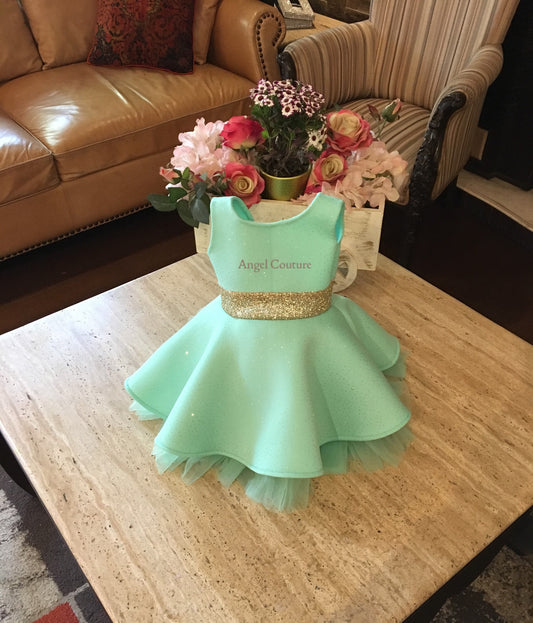 Mint Green Glitter Golden Bow Dress