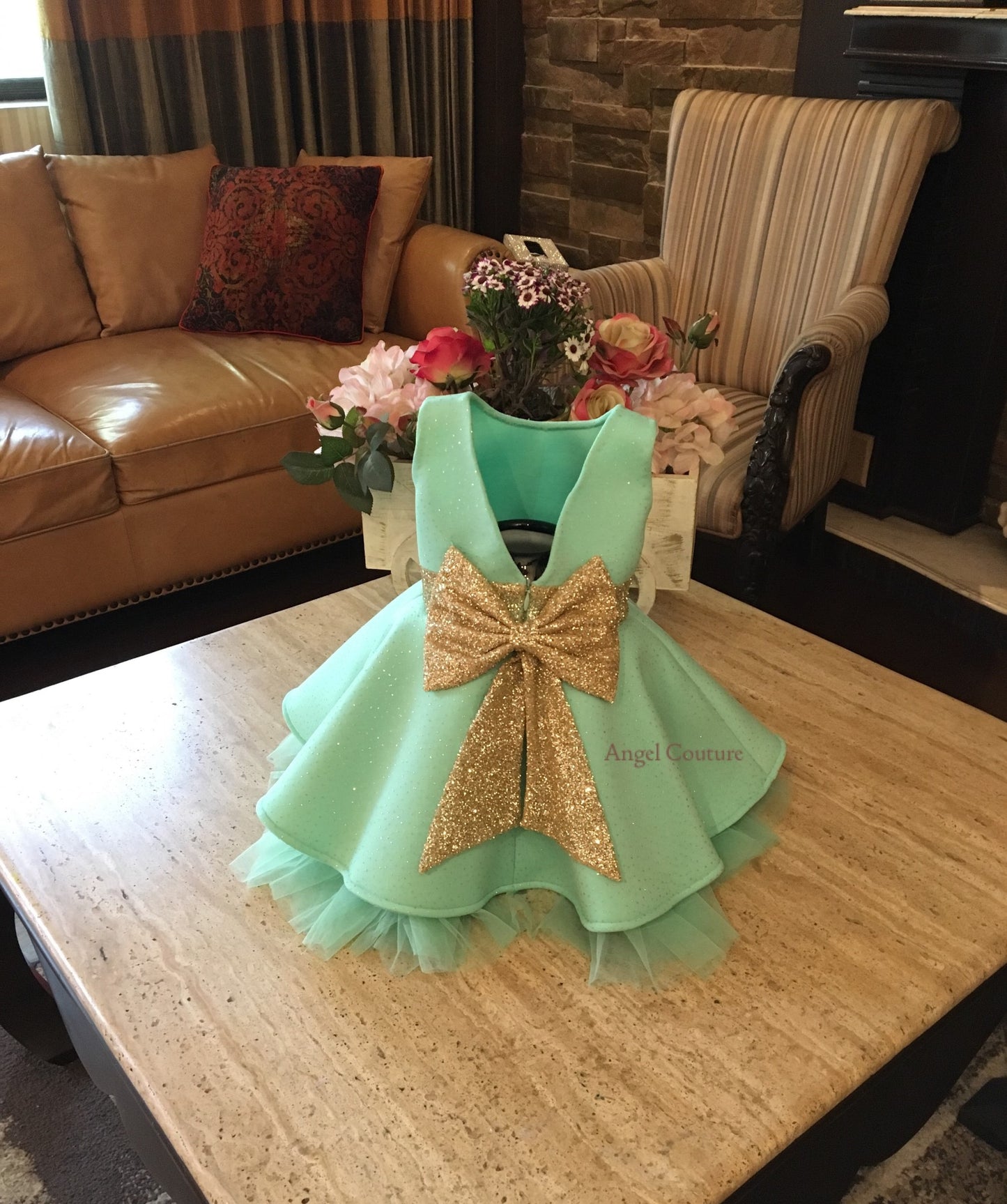 Mint Green Glitter Golden Bow Dress