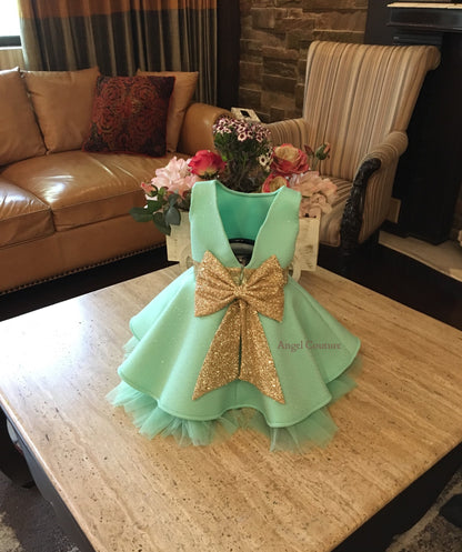 Mint Green Glitter Golden Bow Dress