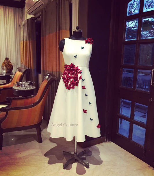 Ivory Maroon Flowers Bunch Midcalf Dress