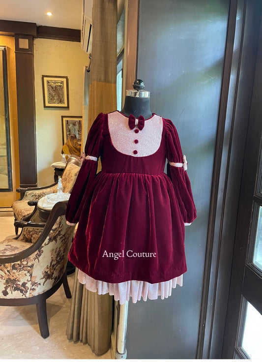 Maroon Baby Pink Velvet Glitter Dress