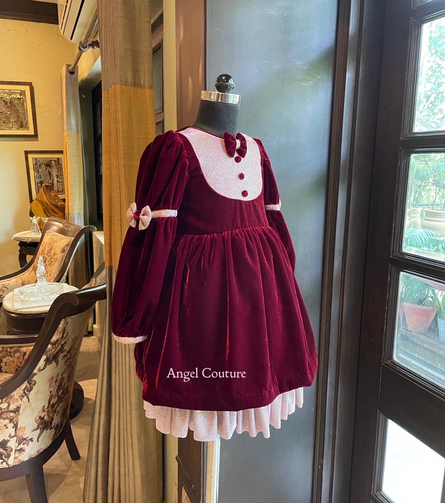 Maroon Baby Pink Velvet Glitter Dress