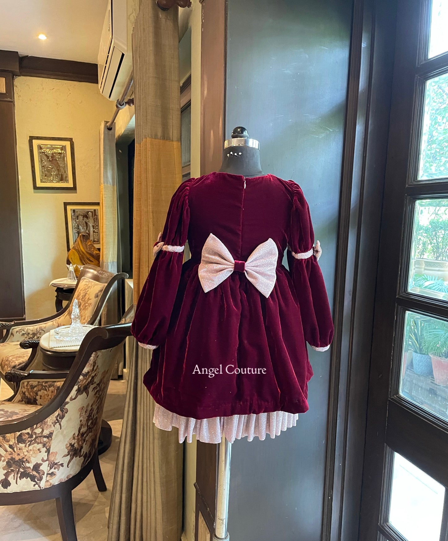 Maroon Baby Pink Velvet Glitter Dress