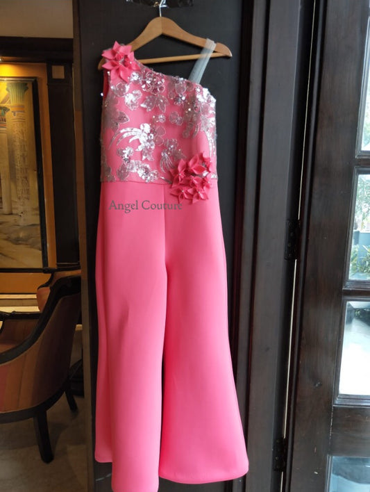 Fuchsia Pink Sequence One Shoulder Jumpsuit