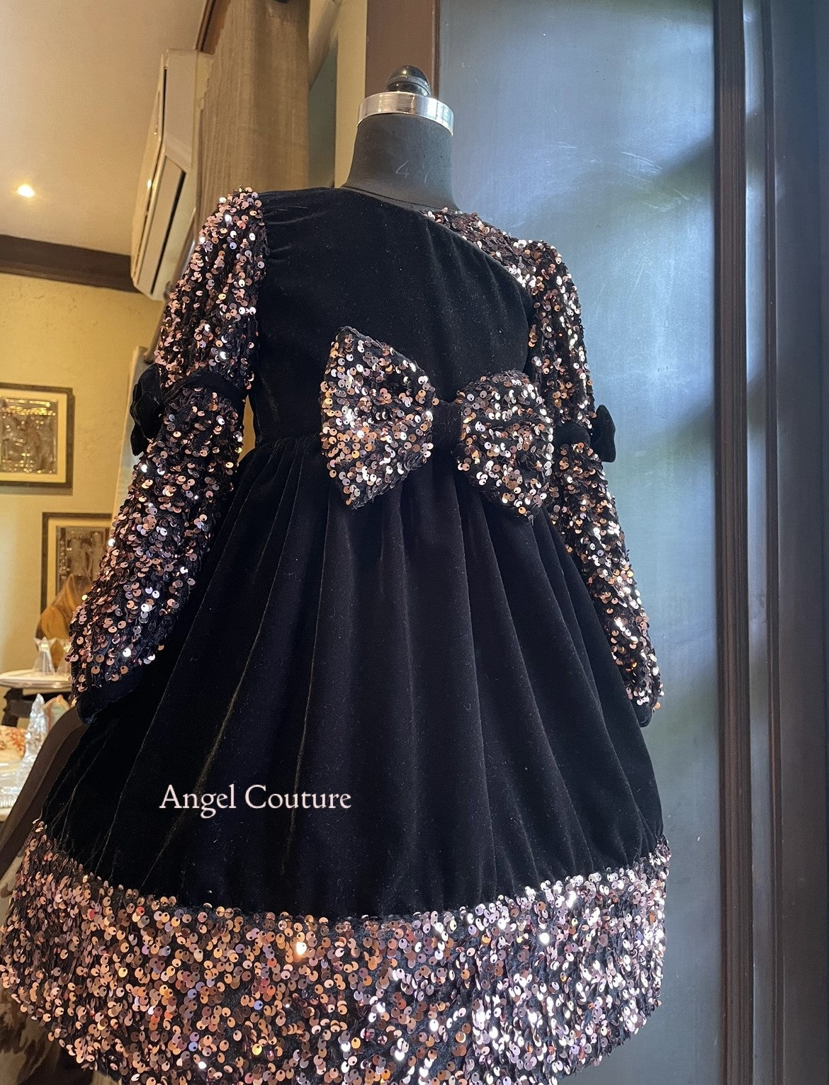 Black Velvet Sequence Sleeve Bow Dress