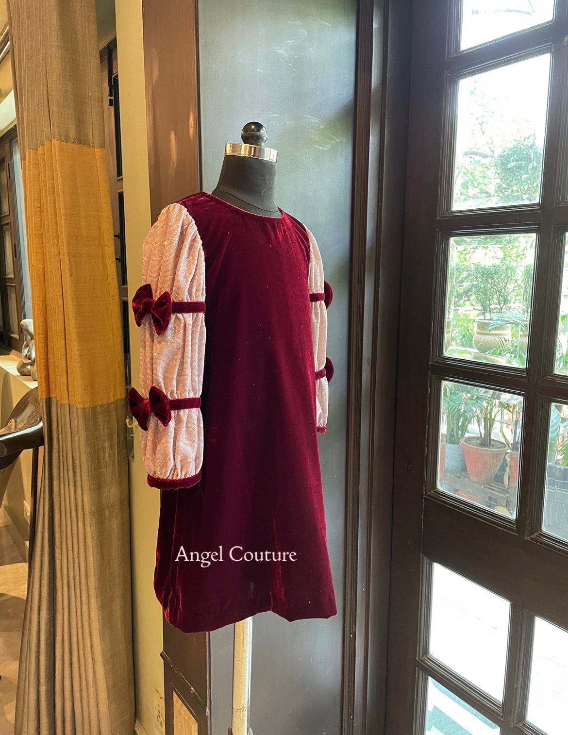 Maroon Baby Pink Velvet A Line Dress