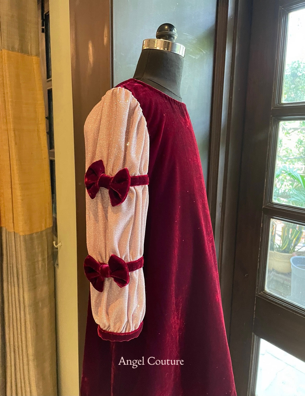 Maroon Baby Pink Velvet A Line Dress