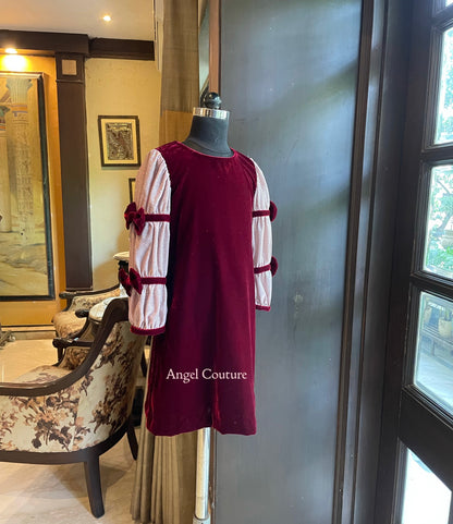 Maroon Baby Pink Velvet A Line Dress
