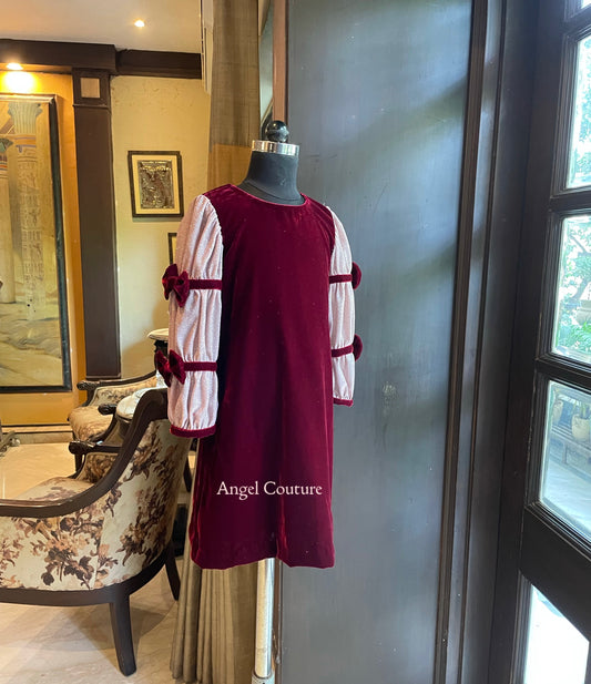 Maroon Baby Pink Velvet A Line Dress