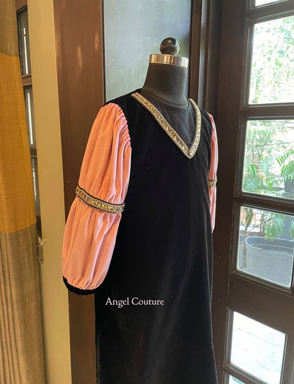 Black Baby Pink Velvet A Line Dress
