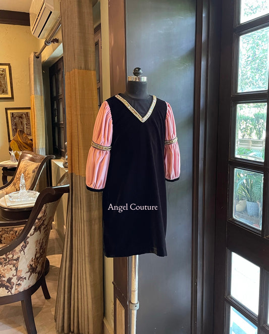 Black Baby Pink Velvet A Line Dress