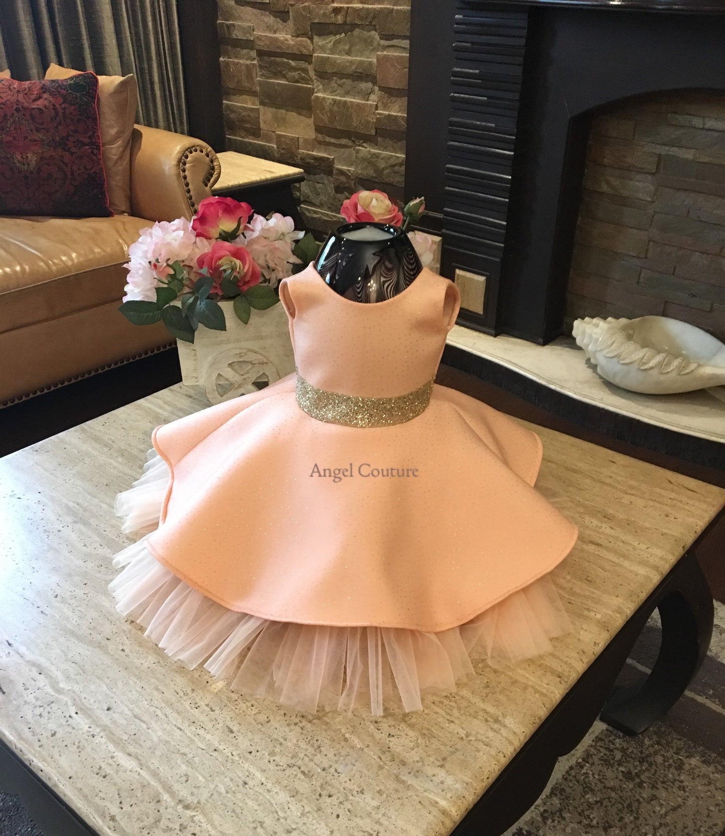 Peach Glitter Golden Bow Dress