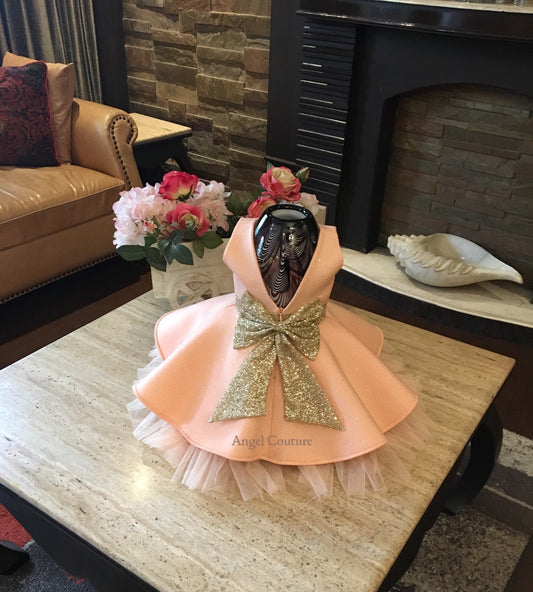 Peach Glitter Golden Bow Dress