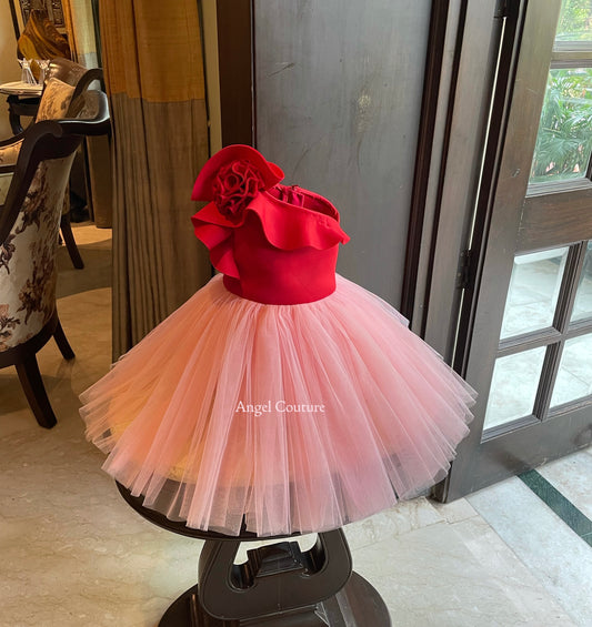Red Baby Pink One Shoulder Rose Dress