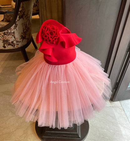 Red Baby Pink One Shoulder Rose Dress