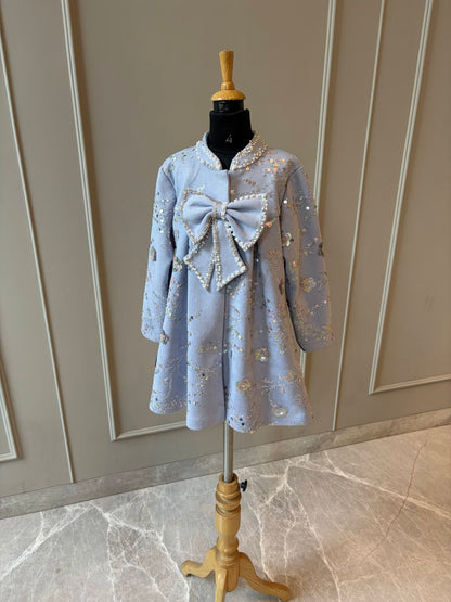 Grey Blue Suede Velvet Embroidered Coat Dress
