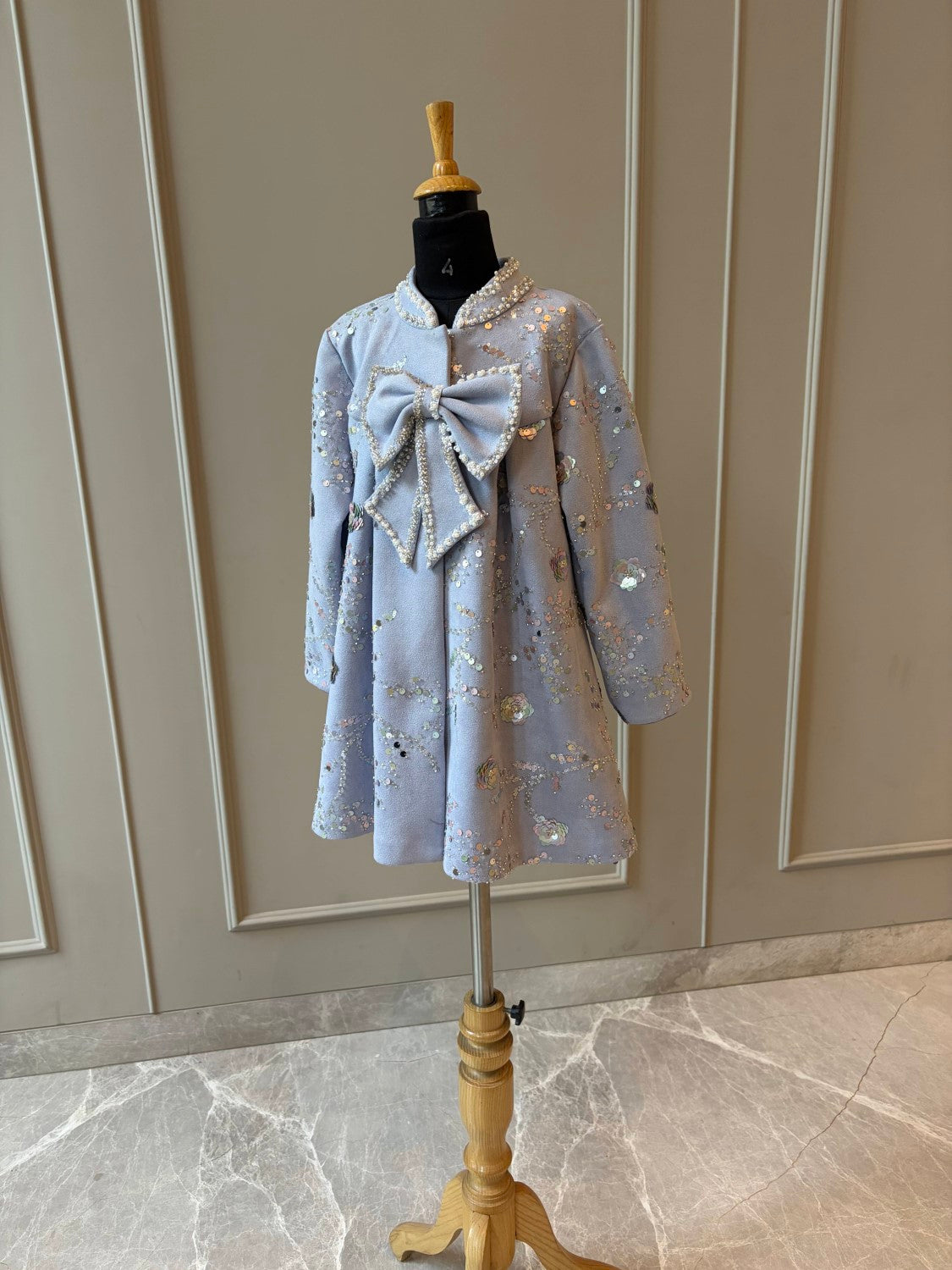 Grey Blue Suede Velvet Embroidered Coat Dress