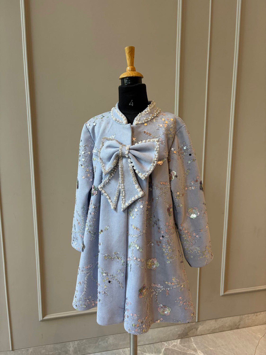 Grey Blue Suede Velvet Embroidered Coat Dress