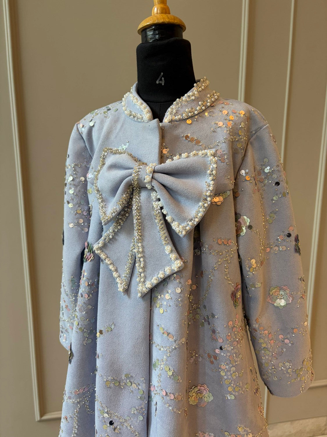 Grey Blue Suede Velvet Embroidered Coat Dress