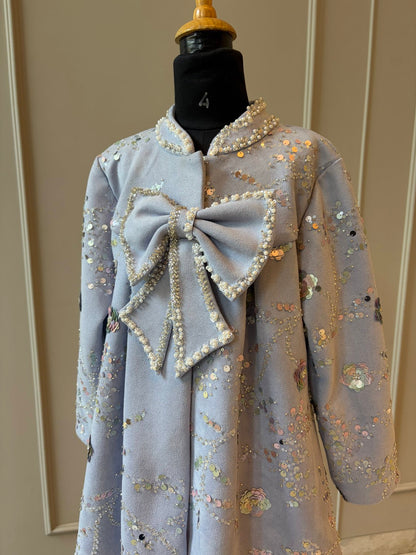 Grey Blue Suede Velvet Embroidered Coat Dress