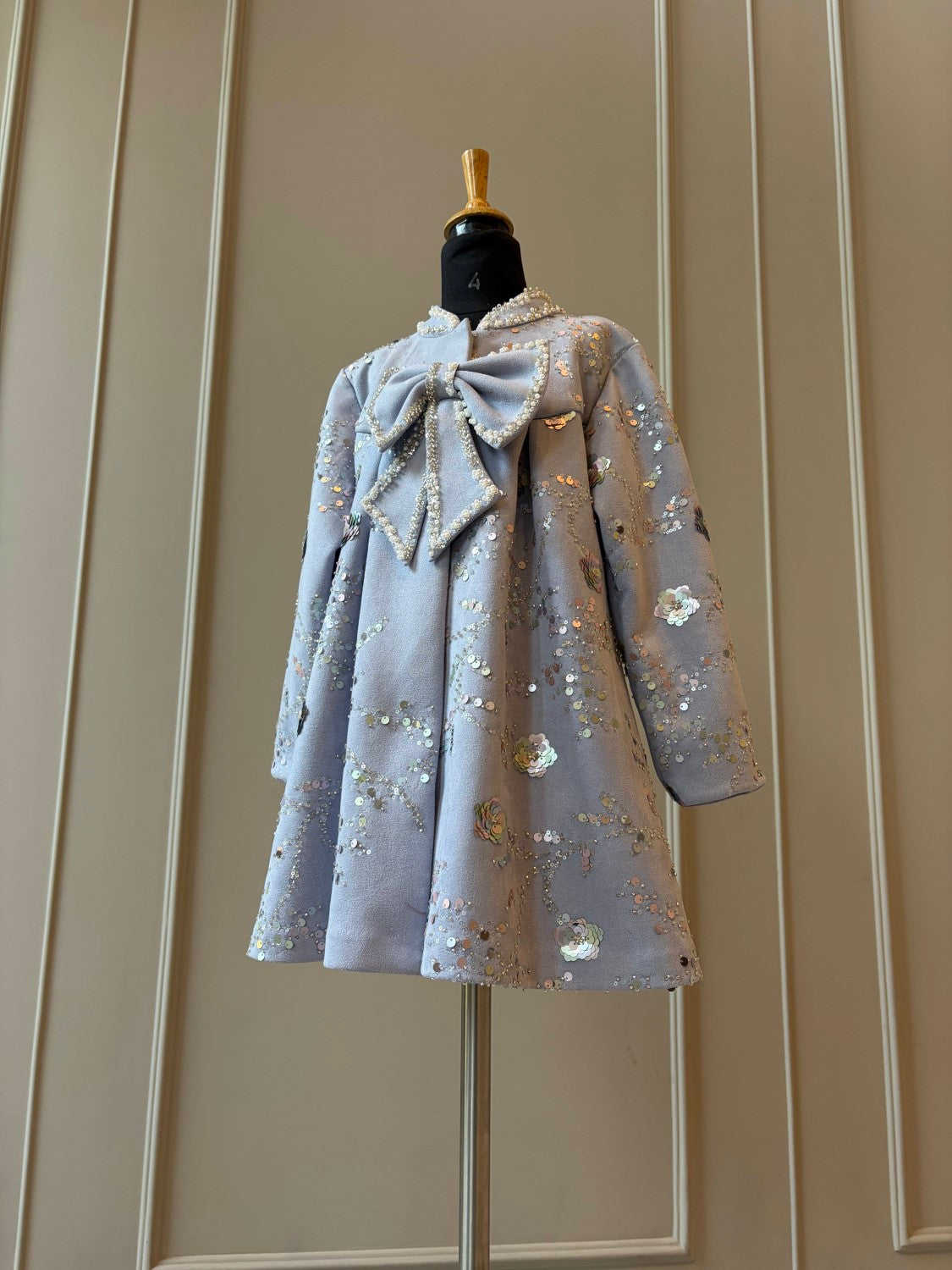 Grey Blue Suede Velvet Embroidered Coat Dress