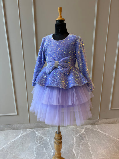 Lilac Sequence Velvet Peplum Double Layer Dress