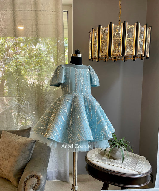 Ice Blue Line Sequence Full Peplum Dress