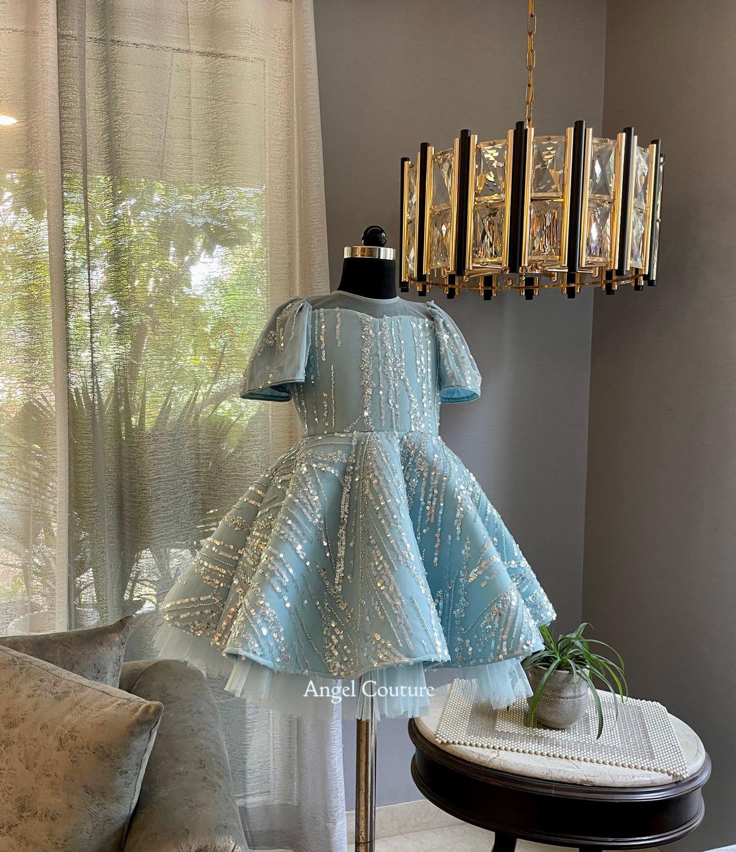 Powder Blue Line Sequence Jungle Dress