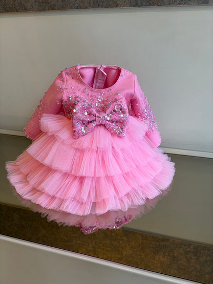 Lotus Pink Jhilmil Sequence Bow Multilayer Dress