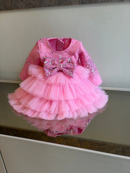Lotus Pink Jhilmil Sequence Bow Multilayer Dress