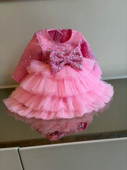 Lotus Pink Jhilmil Sequence Bow Multilayer Dress