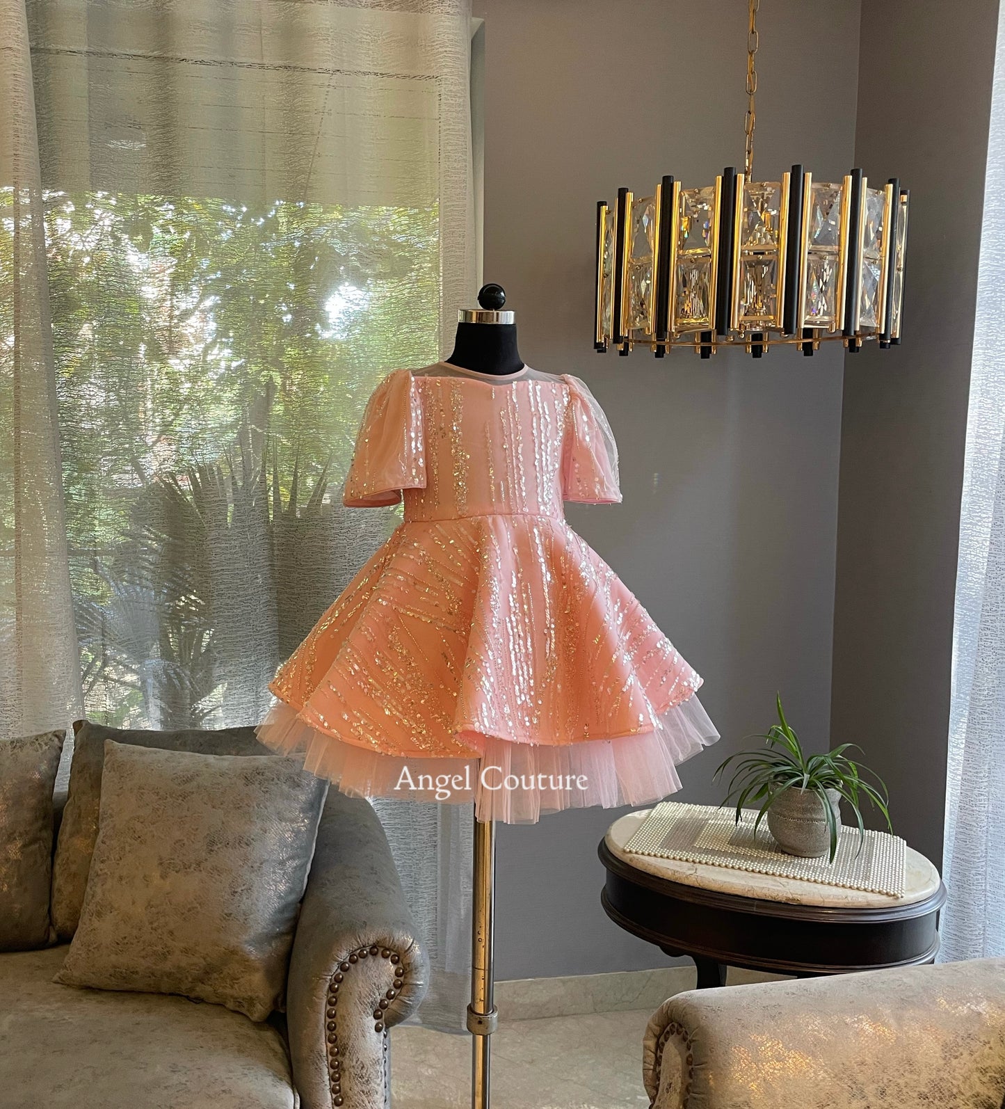 Baby Pink Line Sequence Full Peplum Dress