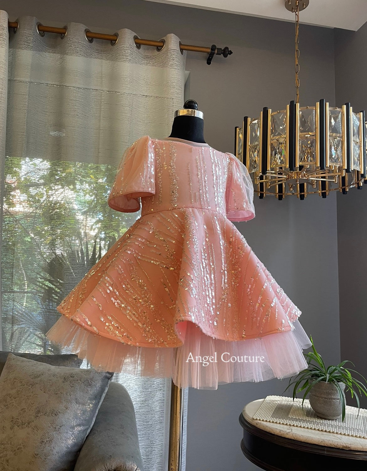 Baby Pink Line Sequence Full Peplum Dress