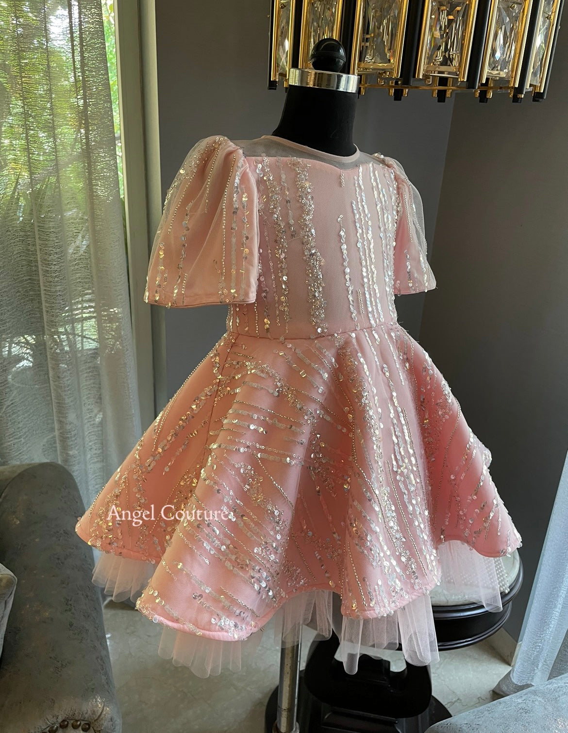 Baby Pink Line Sequence Full Peplum Dress