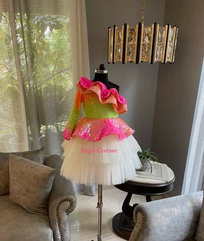 One Shoulder Multi Colour Sequence Dress